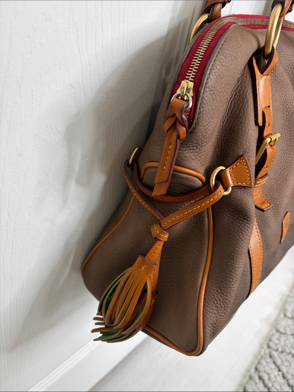 Dooney and Bourne Brown Leather Satchel with Tan Trim - Women's Handbag - Picture 3 of 14
